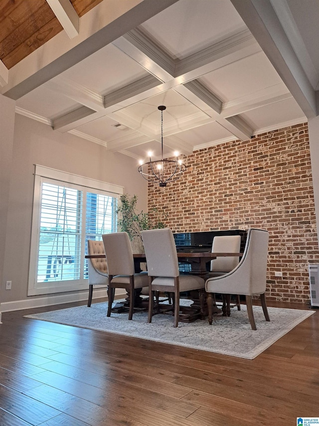 dining space with a chandelier, brick wall, wood-type flooring, and coffered ceiling