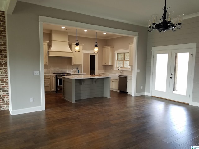 kitchen with stainless steel range, dishwasher, dark wood-style flooring, a center island, and premium range hood