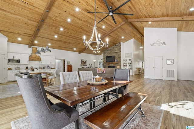 dining area featuring light wood-style floors, wooden ceiling, visible vents, and high vaulted ceiling