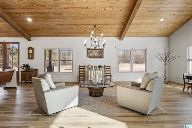 living room with vaulted ceiling with beams, wooden ceiling, and wood finished floors