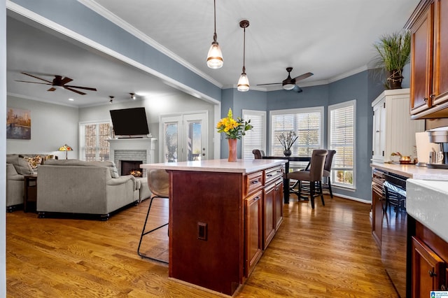 kitchen with dishwashing machine, wood finished floors, and light countertops