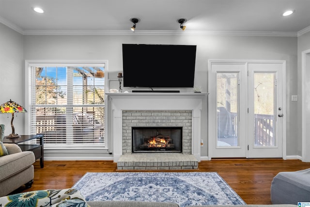 living area with ornamental molding, a fireplace, wood finished floors, and recessed lighting