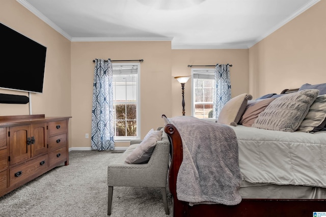 carpeted bedroom with baseboards and ornamental molding