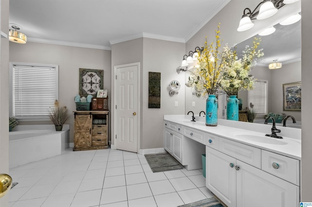 full bathroom featuring ornamental molding, a sink, and double vanity