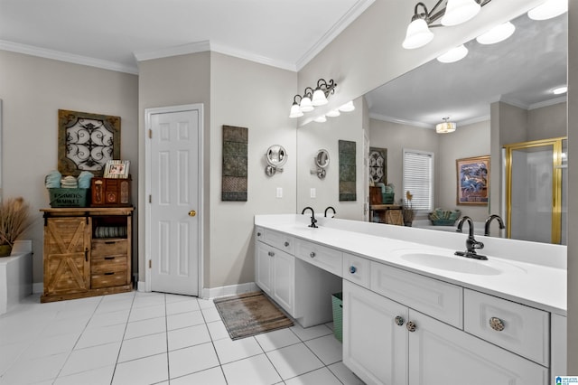 full bath with ornamental molding, double vanity, a sink, and tile patterned floors