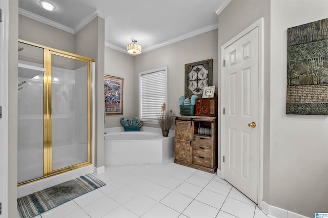 full bathroom with a garden tub, a shower stall, ornamental molding, and tile patterned floors