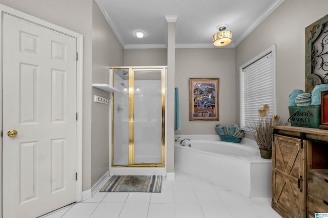 full bath featuring a stall shower, baseboards, a garden tub, and crown molding