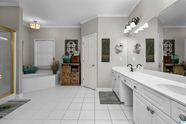 bathroom featuring a sink, a shower stall, tile patterned floors, double vanity, and crown molding