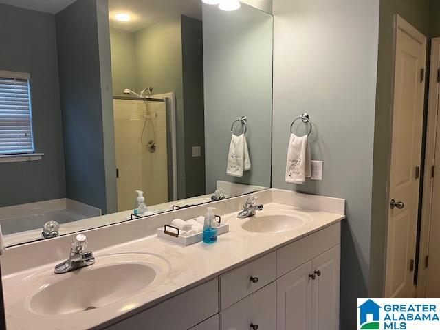 full bath with a shower, a closet, a sink, and double vanity