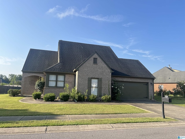 view of front of house with roof with shingles, brick siding, an attached garage, a front yard, and driveway