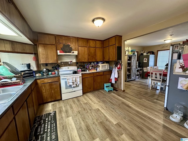 kitchen with light wood-style floors, white appliances, a sink, and under cabinet range hood