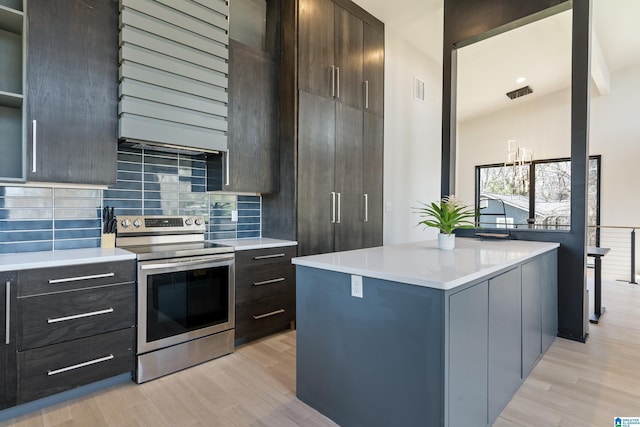 kitchen with a kitchen island, light wood-style floors, light countertops, stainless steel electric range oven, and open shelves