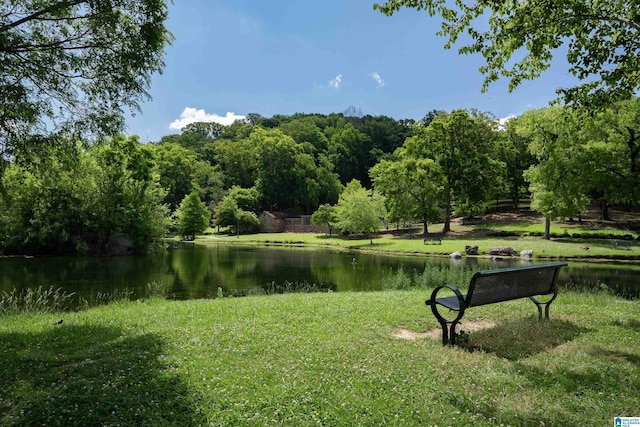 view of property's community with a lawn and a water view