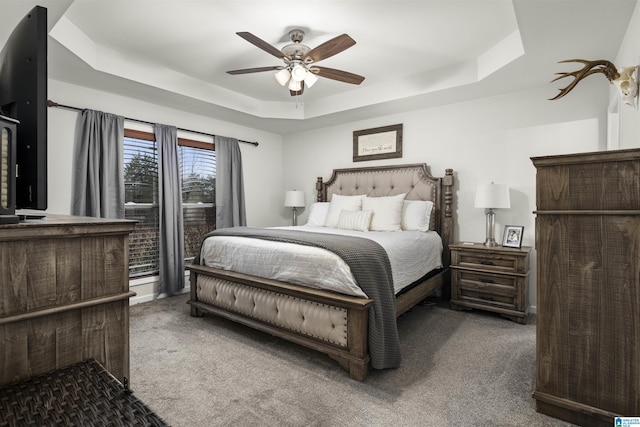 bedroom featuring carpet flooring, a raised ceiling, and a ceiling fan