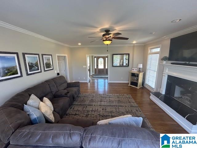 living area featuring a fireplace with raised hearth, crown molding, dark wood-style floors, and a healthy amount of sunlight