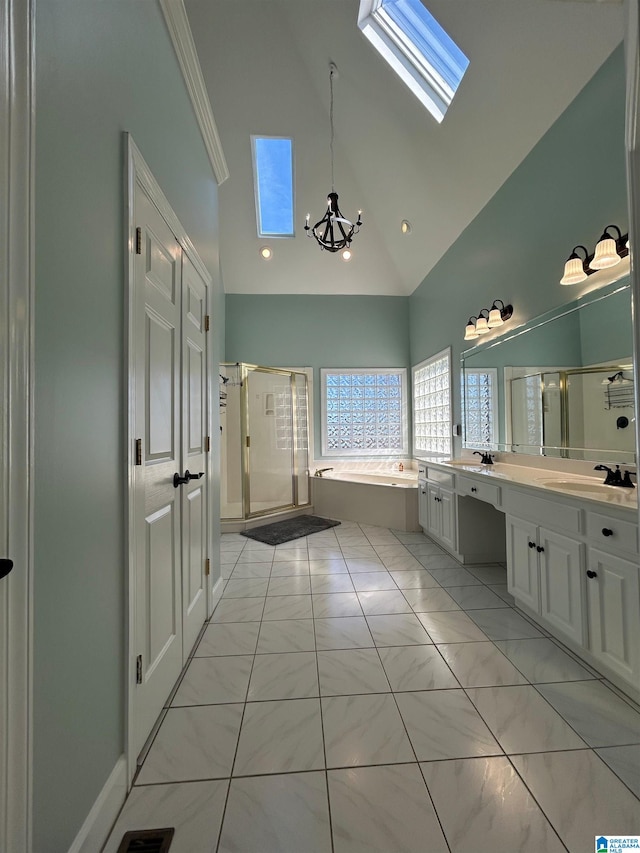 bathroom featuring a stall shower, a garden tub, tile patterned flooring, vanity, and high vaulted ceiling