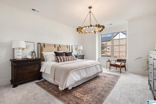 bedroom featuring crown molding, light colored carpet, visible vents, and an inviting chandelier