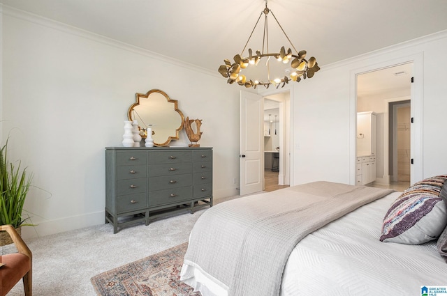 bedroom with ornamental molding, an inviting chandelier, carpet flooring, and baseboards