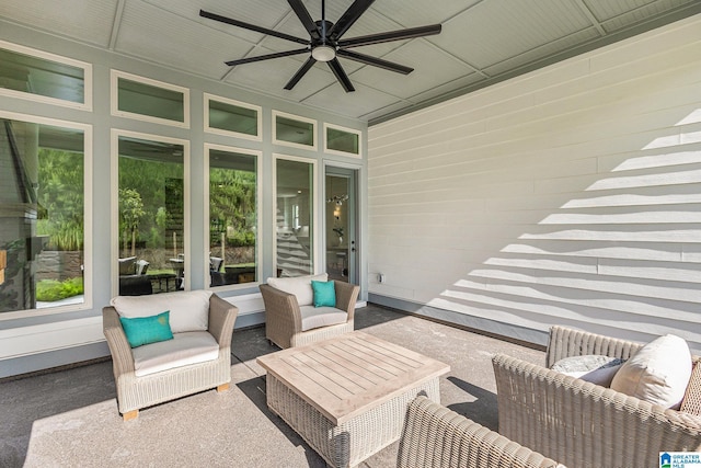 view of patio with an outdoor hangout area and a ceiling fan