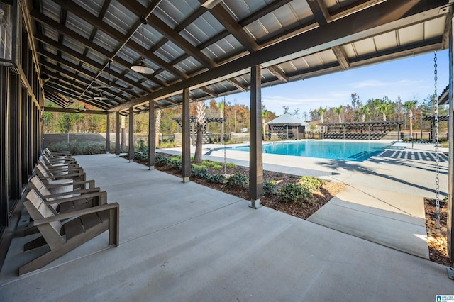 community pool with a patio area