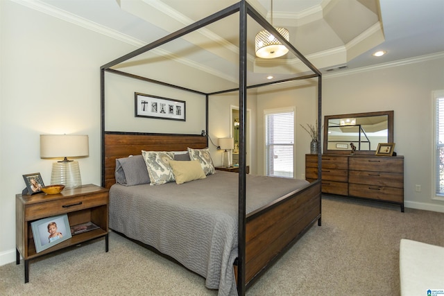 bedroom featuring recessed lighting, carpet flooring, visible vents, baseboards, and ornamental molding