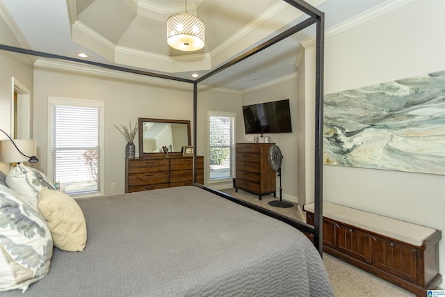 bedroom featuring recessed lighting, a tray ceiling, crown molding, and light colored carpet