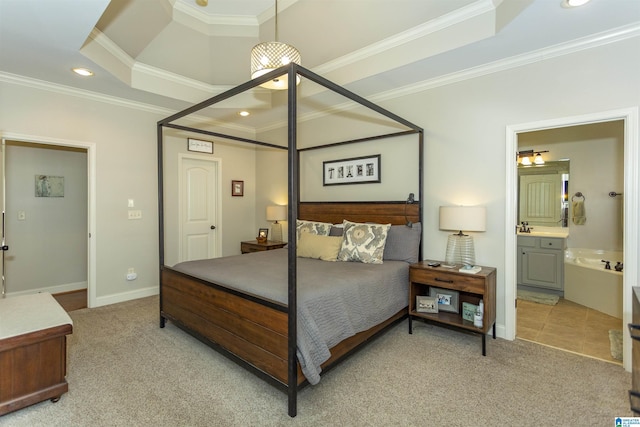 bedroom with ornamental molding, a raised ceiling, and light colored carpet