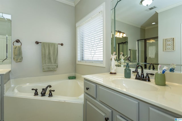 full bath with a garden tub, crown molding, visible vents, a shower stall, and vanity