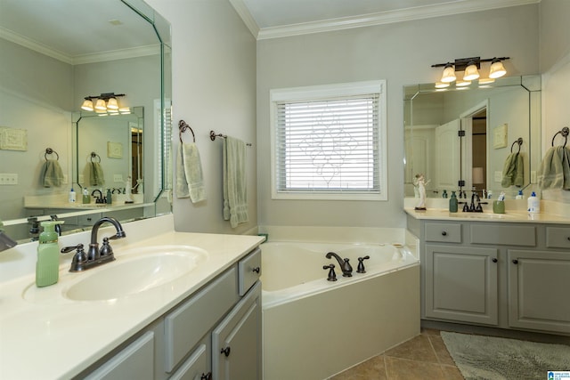 full bathroom with a garden tub, two vanities, ornamental molding, a sink, and tile patterned flooring