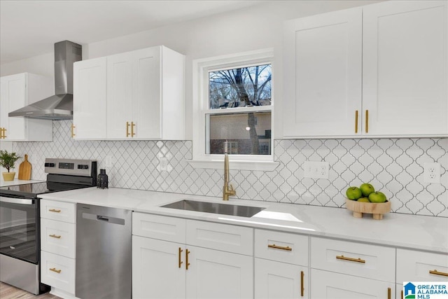 kitchen featuring a sink, appliances with stainless steel finishes, wall chimney range hood, and white cabinetry