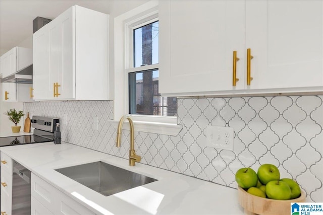 kitchen featuring appliances with stainless steel finishes, a sink, under cabinet range hood, white cabinetry, and backsplash