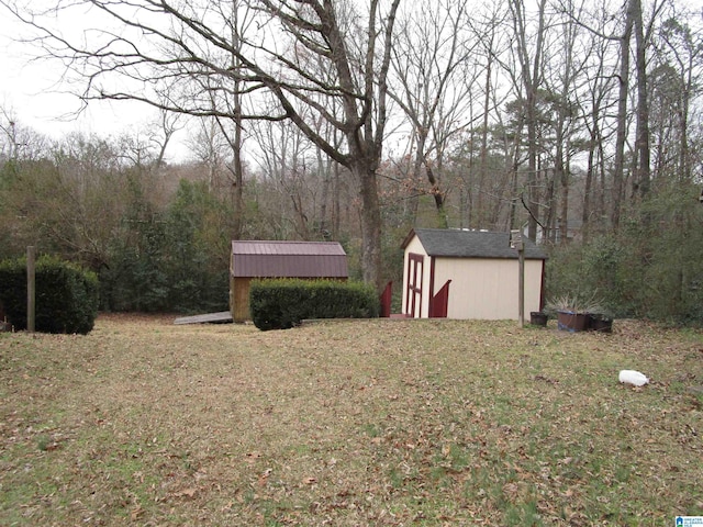 view of yard featuring an outbuilding and a storage unit