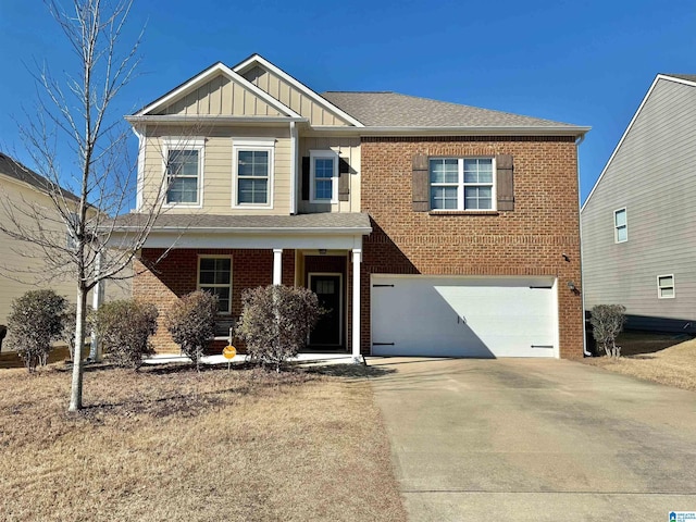 view of front facade featuring board and batten siding, concrete driveway, brick siding, and a garage