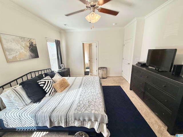 bedroom featuring light carpet, crown molding, baseboards, and ceiling fan