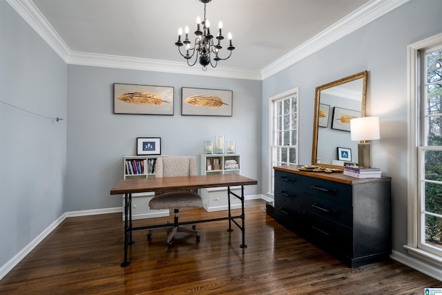 office space with crown molding, a chandelier, dark wood finished floors, and baseboards