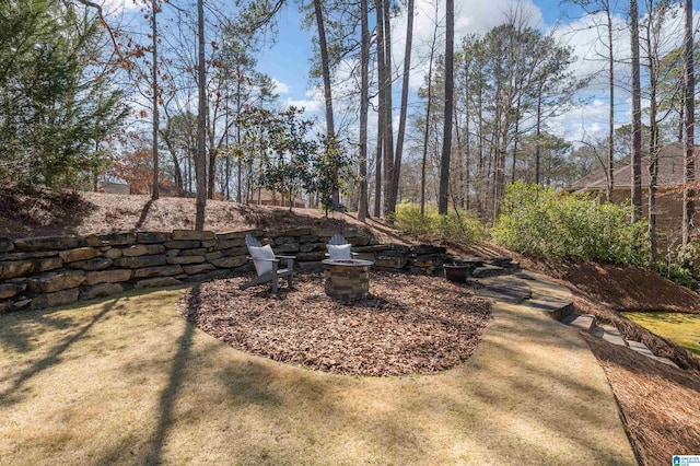 view of yard with a fire pit