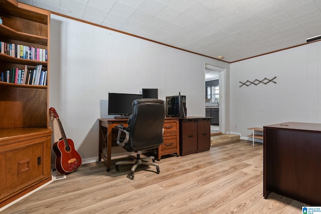 1877 Old Sylacauga Hwy, Sylacauga, AL 35150 - office area with baseboards, light wood-style flooring, ornamental molding, and a sink
