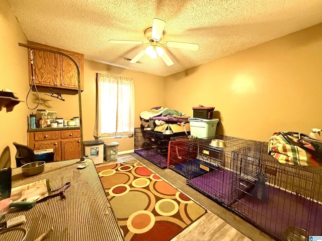 interior space with ceiling fan, baseboards, and a textured ceiling