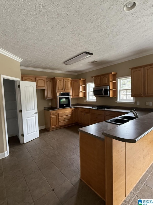 kitchen featuring open shelves, stainless steel appliances, dark countertops, a sink, and a peninsula