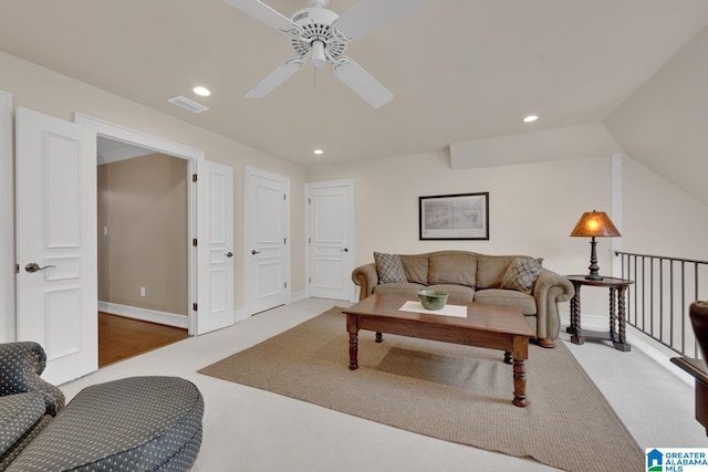 carpeted living room with recessed lighting, visible vents, ceiling fan, and baseboards