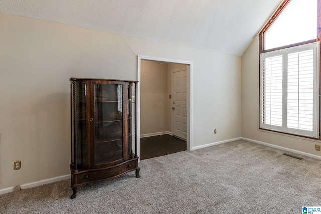 spare room featuring baseboards, visible vents, lofted ceiling, a textured ceiling, and carpet flooring