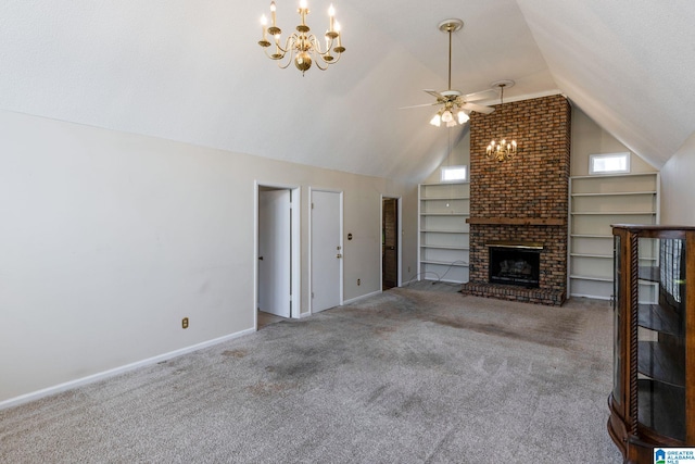 unfurnished living room featuring baseboards, a fireplace, built in features, and carpet flooring