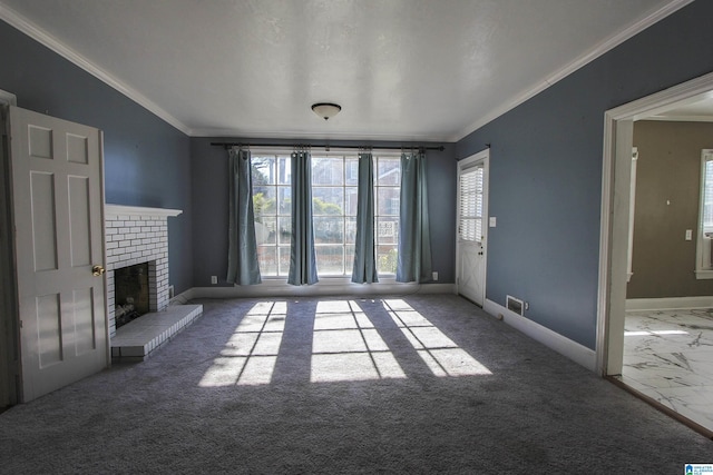 unfurnished living room with a fireplace, visible vents, baseboards, marble finish floor, and crown molding