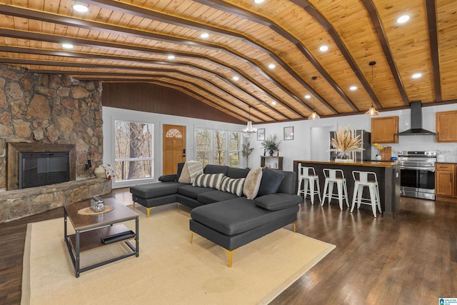 living room with dark wood-style flooring, a fireplace, wood ceiling, high vaulted ceiling, and beamed ceiling