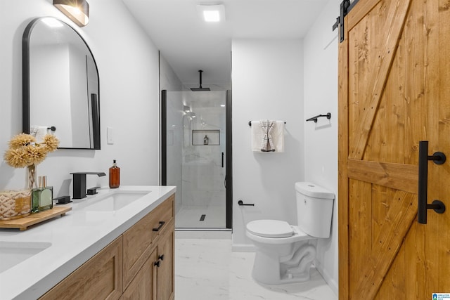 full bath with marble finish floor, double vanity, toilet, a stall shower, and a sink