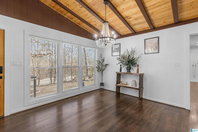 unfurnished dining area featuring vaulted ceiling with beams, dark wood-type flooring, wood ceiling, and visible vents