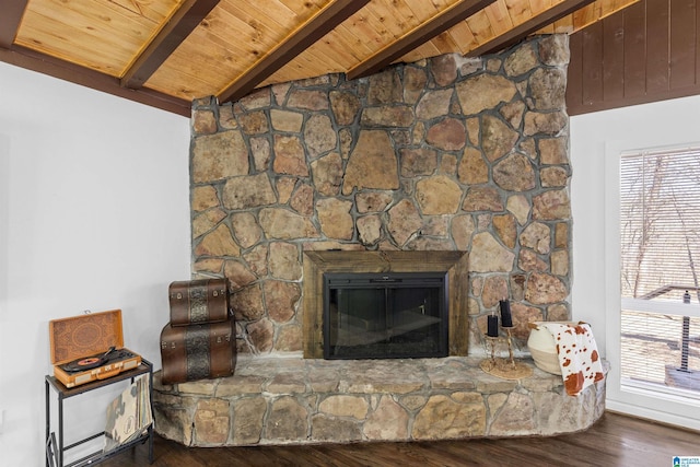 details featuring wood ceiling, a fireplace, beam ceiling, and wood finished floors