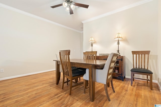 dining space featuring baseboards, ceiling fan, light wood finished floors, and crown molding