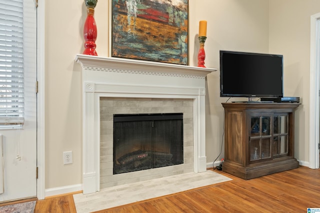 details featuring baseboards, wood finished floors, and a tile fireplace