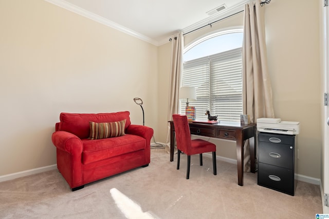 carpeted home office with baseboards, visible vents, and crown molding